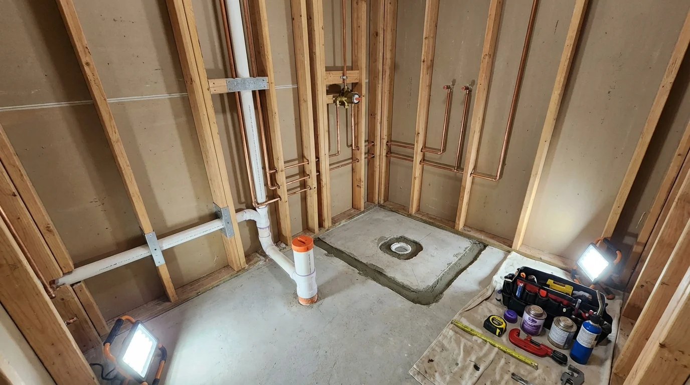 Bathroom rough-in plumbing during remodel by Johns Plumbing LLC in Santa Clara
