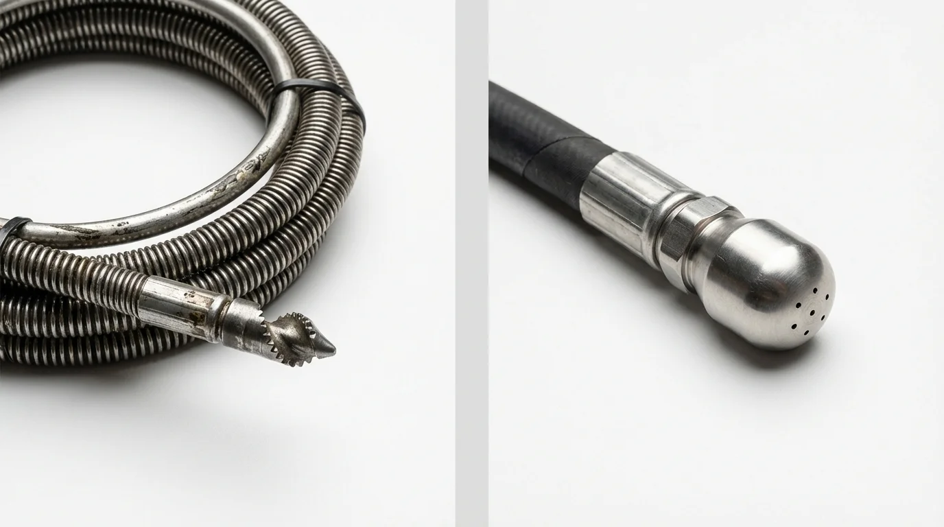 Drain snake cable and hydro jetting nozzle used for drain cleaning in Santa Clara, NM
