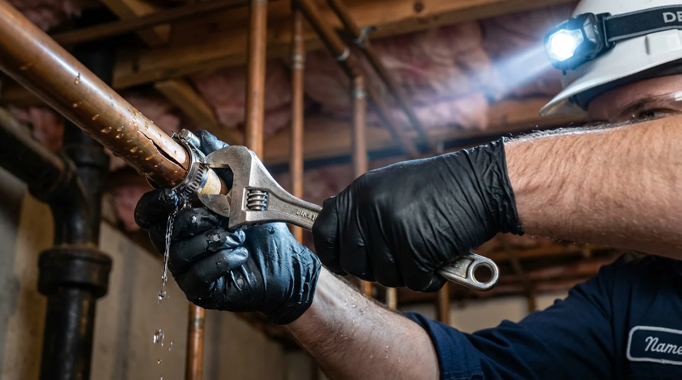 Emergency pipe clamp repair being performed by a Johns Plumbing LLC plumber in Santa Clara