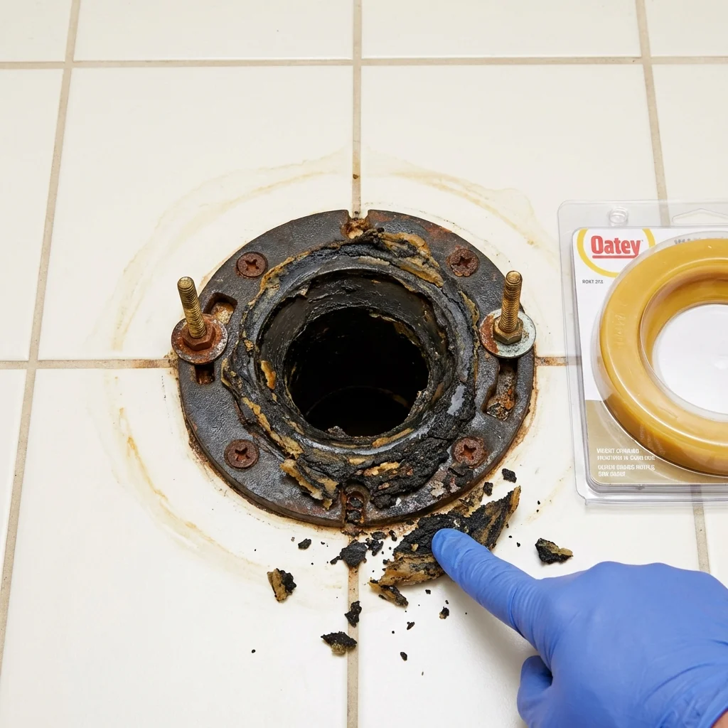 Failed wax ring showing water seepage at the base of a toilet in a Santa Clara, NM home