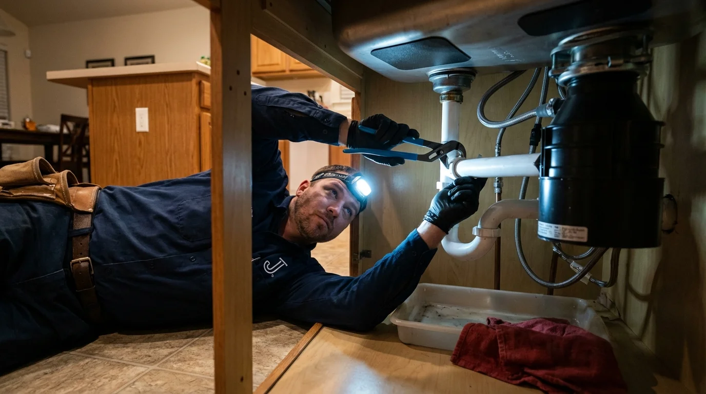P-trap and supply line connections under a kitchen sink showing a common leak point in Santa Clara, NM